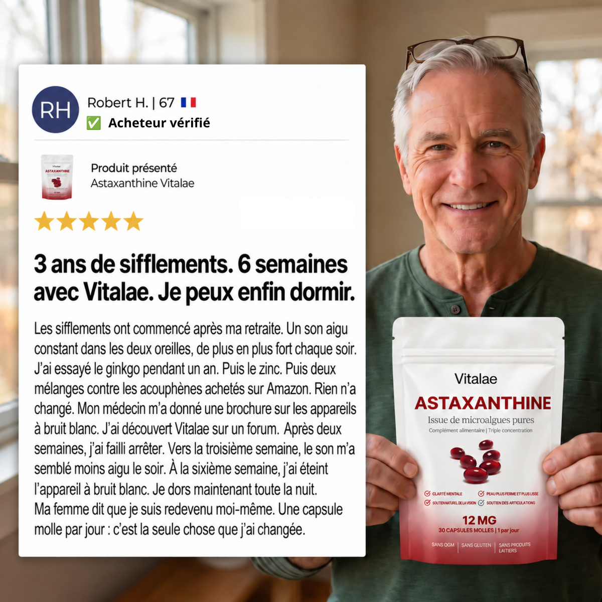 Vitalae Astaxanthine 12mg Softgels - Moins de sifflements, un meilleur sommeil et une protection complète des cellules de l’oreille interne.
