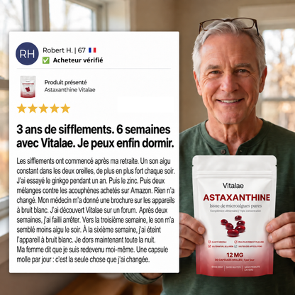 Vitalae Astaxanthine 12mg Softgels - Moins de sifflements, un meilleur sommeil et une protection complète des cellules de l’oreille interne.