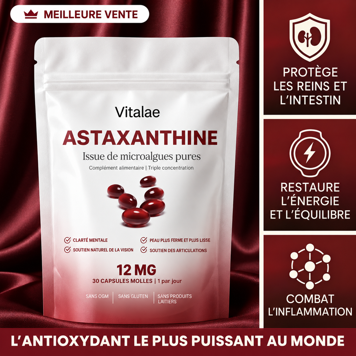 Vitalae Astaxanthine 12mg Softgels - Aide naturellement à lutter contre le stress oxydatif