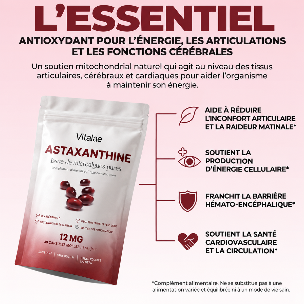 Vitalae Astaxanthine 12mg Softgels - Aide naturellement à lutter contre le stress oxydatif