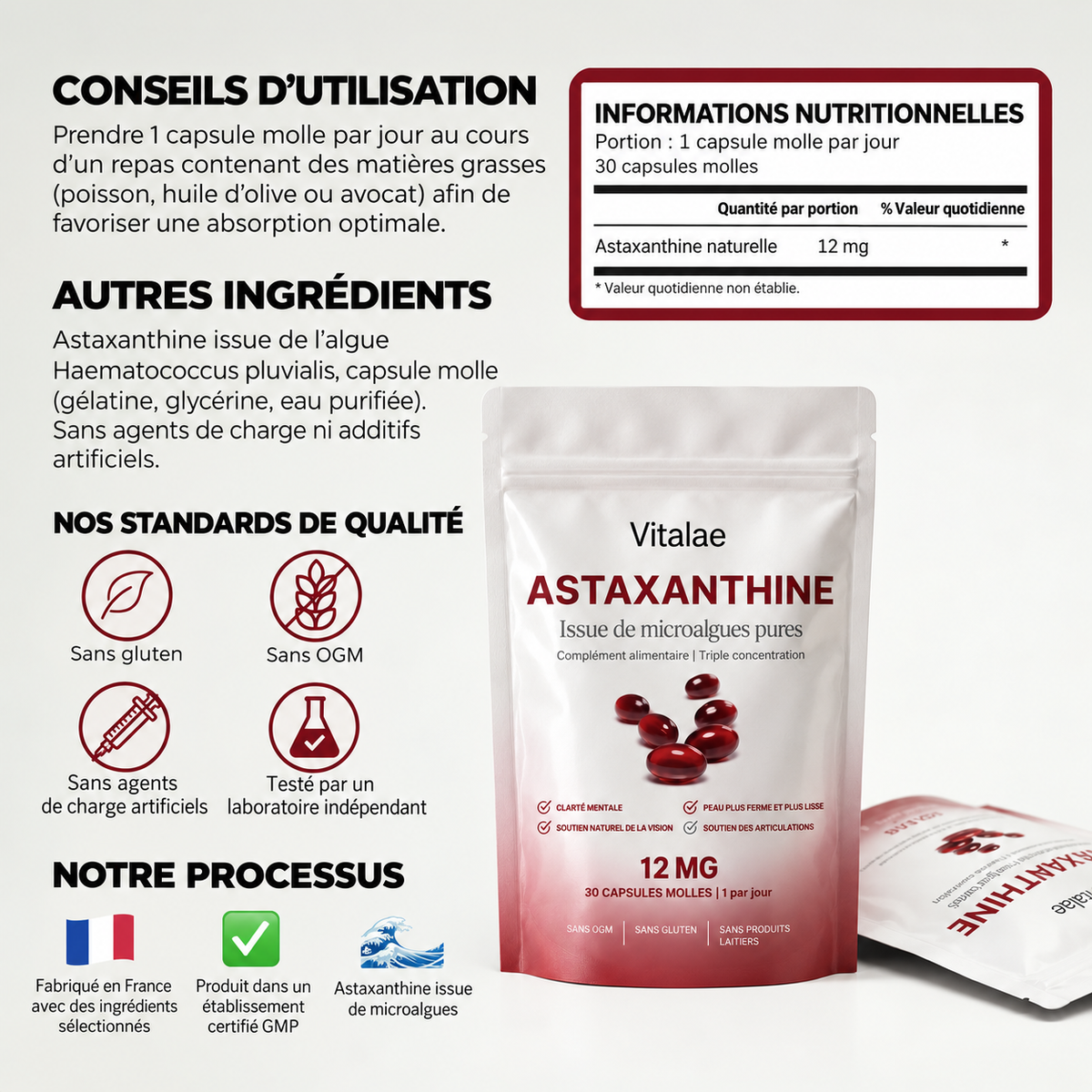 Vitalae Astaxanthine 12mg Softgels - Aide naturellement à lutter contre le stress oxydatif