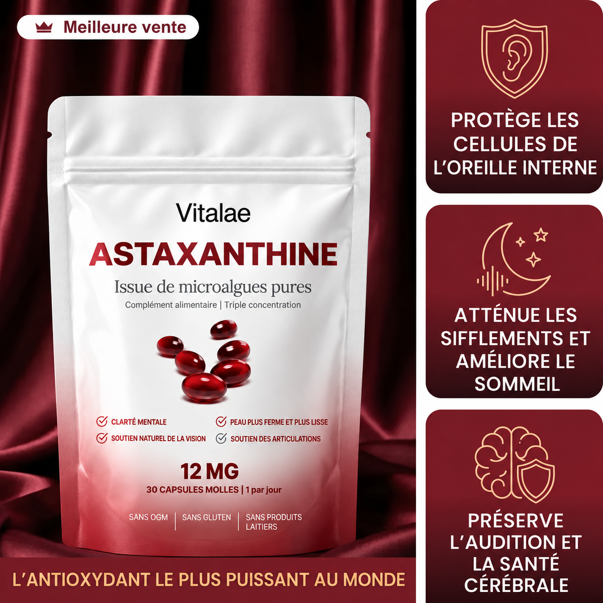 Vitalae Astaxanthine 12mg Softgels - Moins de sifflements, un meilleur sommeil et une protection complète des cellules de l’oreille interne.