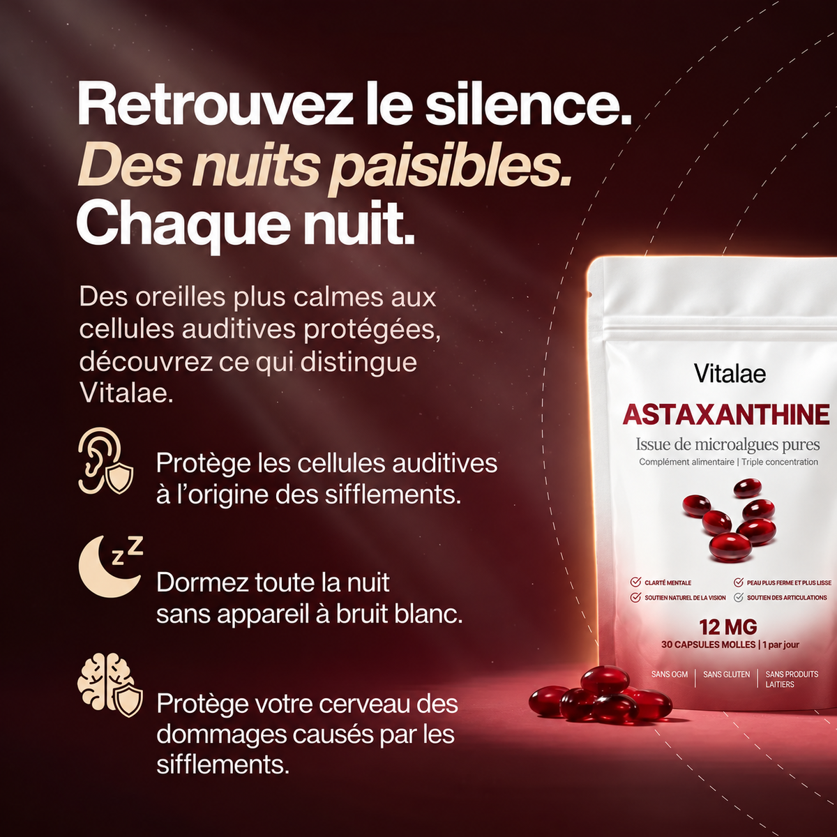 Vitalae Astaxanthine 12mg Softgels - Moins de sifflements, un meilleur sommeil et une protection complète des cellules de l’oreille interne.